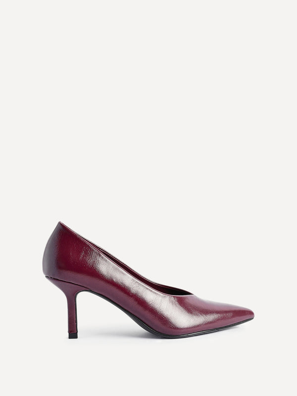 Linzi Burgundy Faux Leather V-Cut Vamp Court Heels