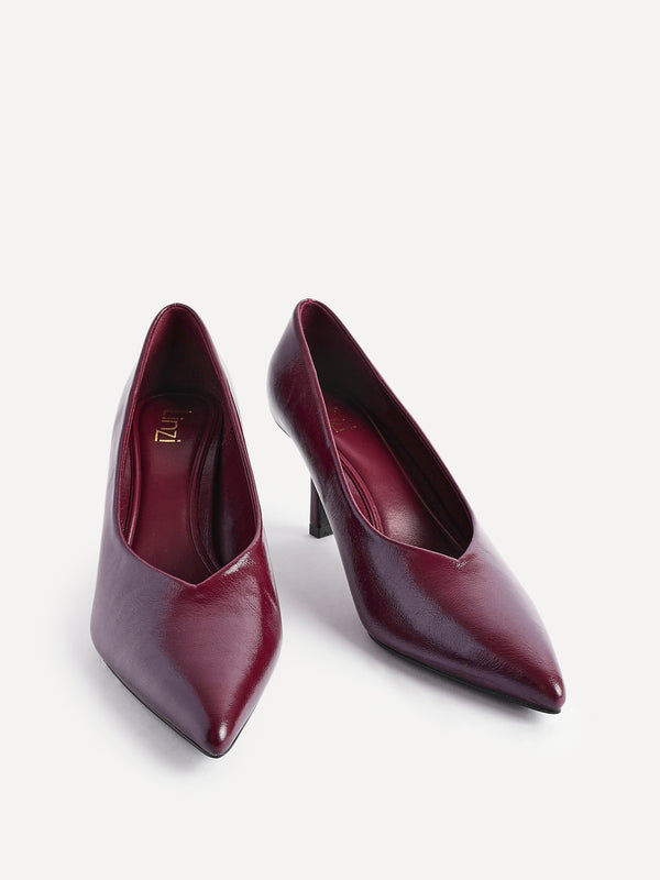 Linzi Burgundy Faux Leather V-Cut Vamp Court Heels