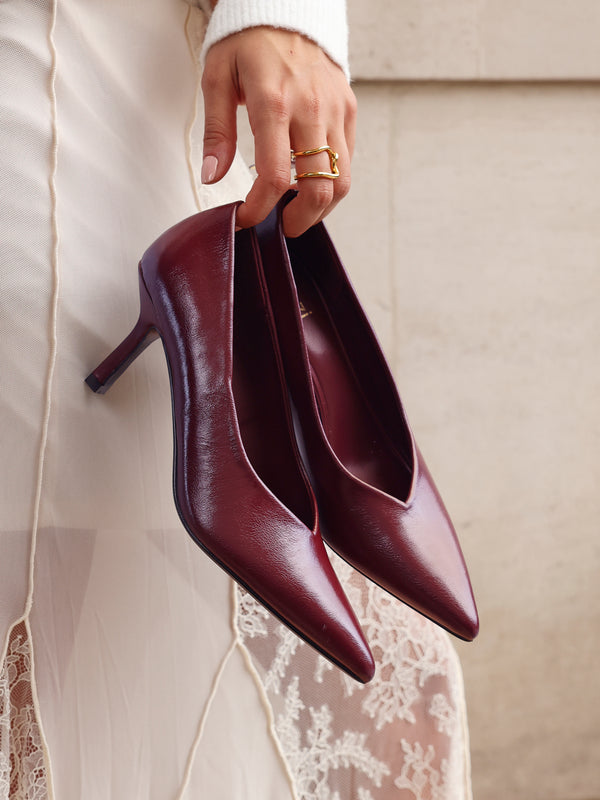 linzi Burgundy Faux Leather V-Cut Vamp Court Heels