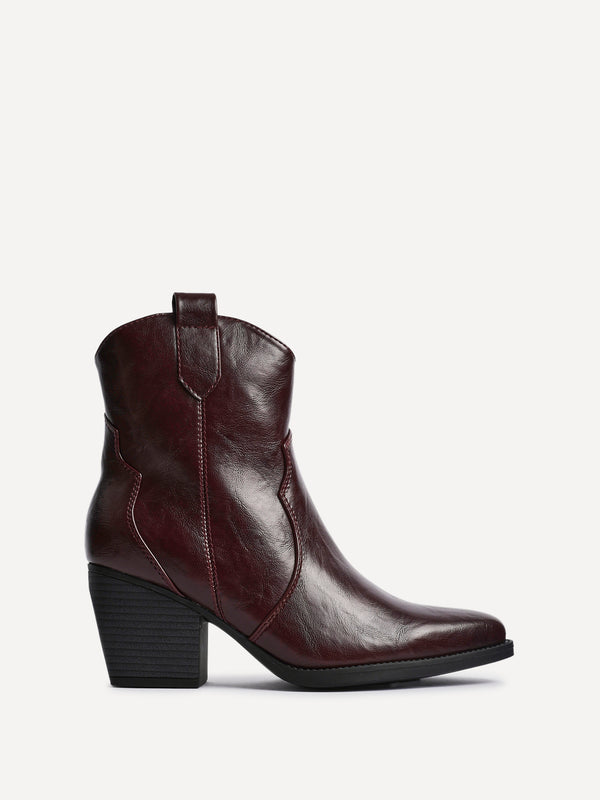 Linzi Burgundy Faux Leather Western Ankle Boot