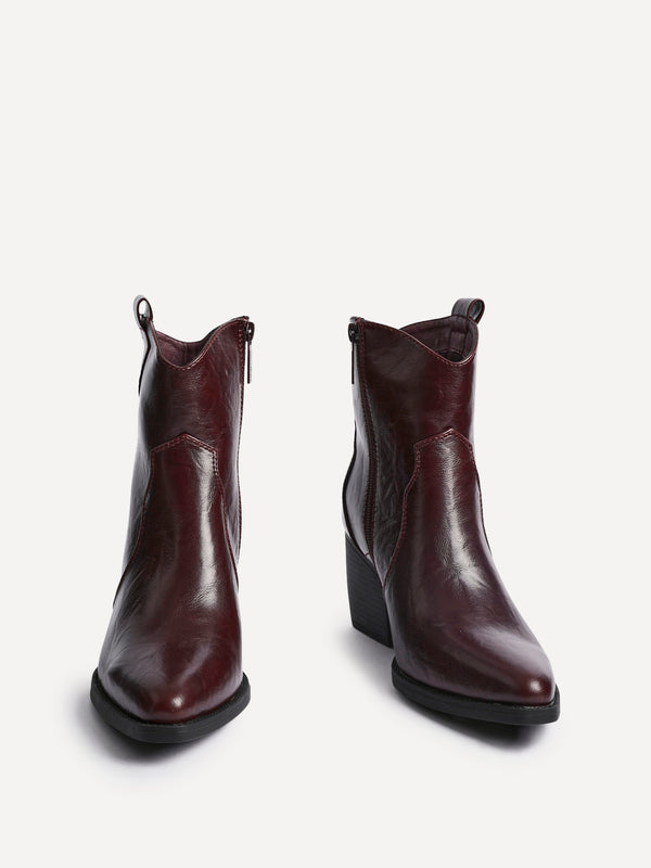 Linzi Burgundy Faux Leather Western Ankle Boot