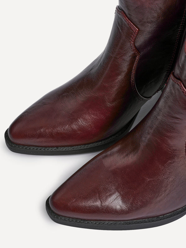 Linzi Burgundy Faux Leather Western Ankle Boot