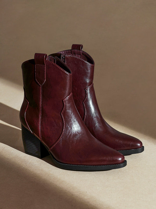 linzi Burgundy Faux Leather Western Ankle Boot