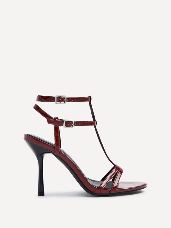 Linzi Burgundy Patent T-Bar Strappy Stiletto Heels
