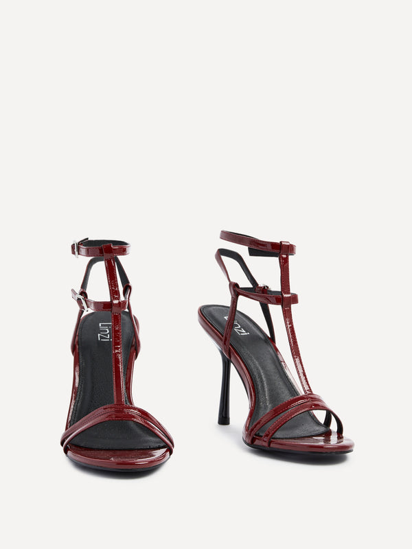 Linzi Burgundy Patent T-Bar Strappy Stiletto Heels