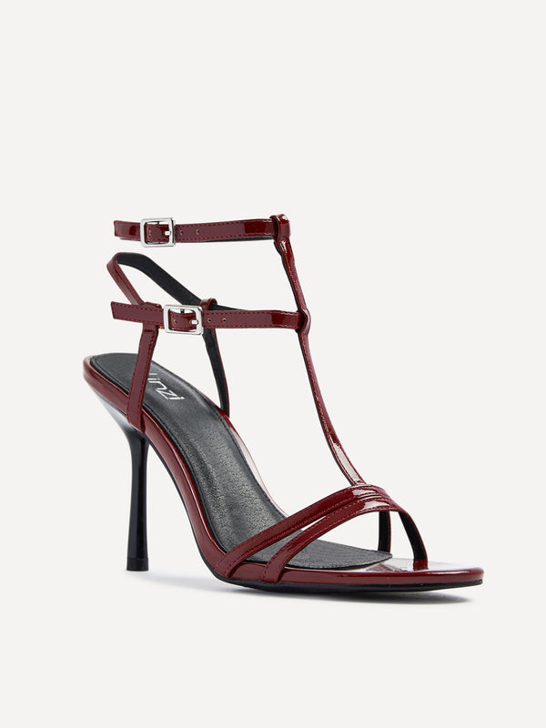Linzi Burgundy Patent T-Bar Strappy Stiletto Heels