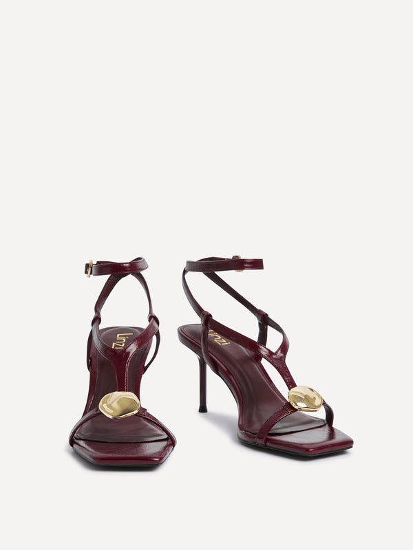 Linzi Burgundy T-Bar Heels With Gold Accent