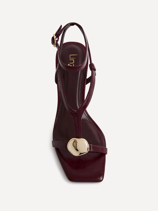 Linzi Burgundy T-Bar Heels With Gold Accent
