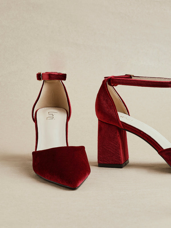 linzi Burgundy Velvet Pointed Block Heel Courts