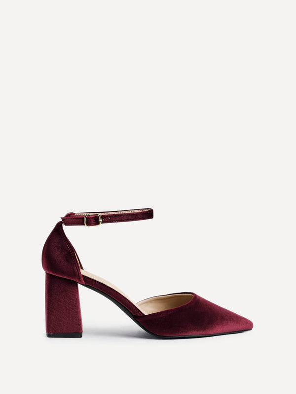 Linzi Burgundy Velvet Pointed Block Heel Courts
