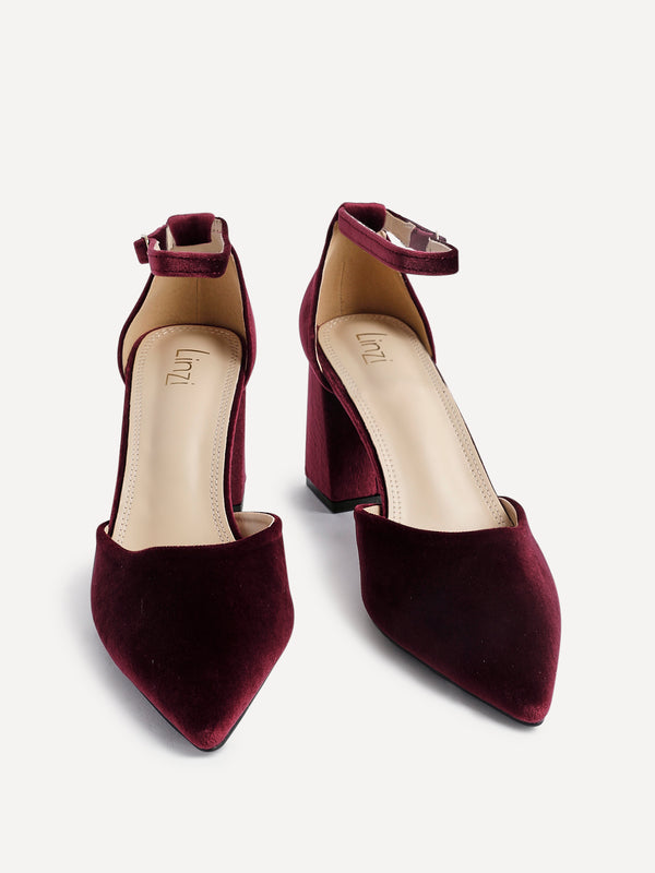 Linzi Burgundy Velvet Pointed Block Heel Courts