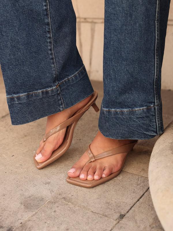 Linzi Caramel Faux Leather Toe Post Kitten Heel