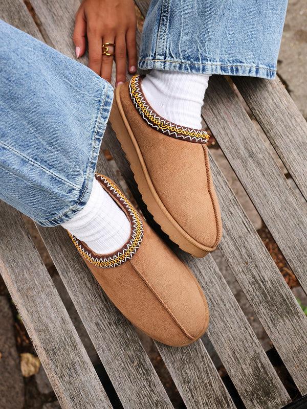 linzi Chestnut Suede Slipper With Aztec Detail