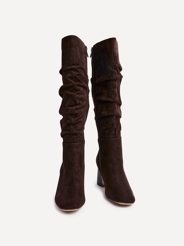 Linzi Dark Brown Faux Suede Ruched Long Boot