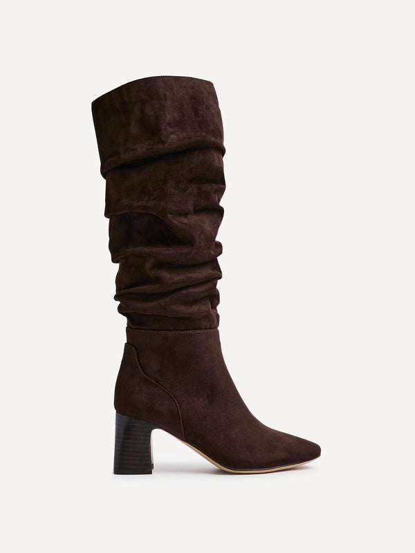 Linzi Dark Brown Faux Suede Ruched Long Boot