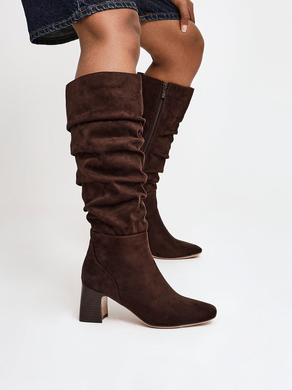 linzi Dark Brown Faux Suede Ruched Long Boot