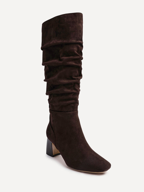 Linzi Dark Brown Faux Suede Ruched Long Boot