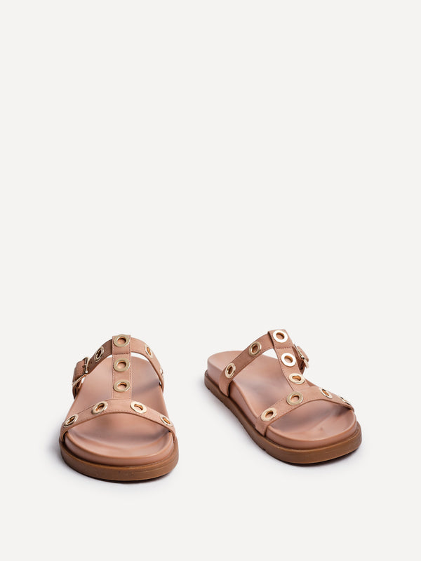 Linzi Dusky Pink Faux Leather Studded Flat Sandals