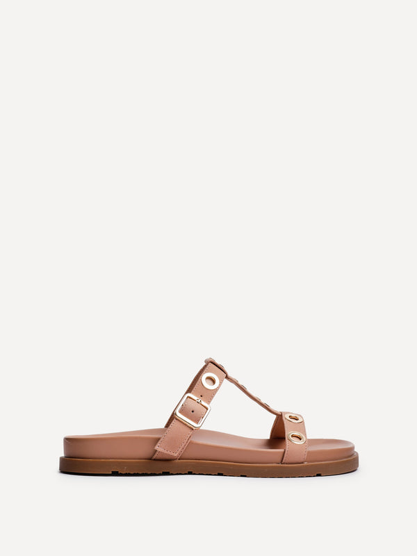 Linzi Dusky Pink Faux Leather Studded Flat Sandals