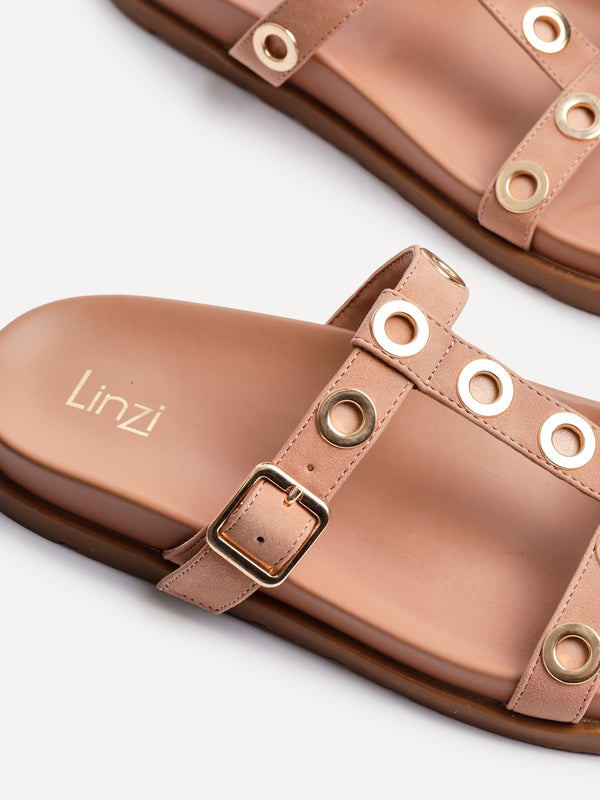Linzi Dusky Pink Faux Leather Studded Flat Sandals