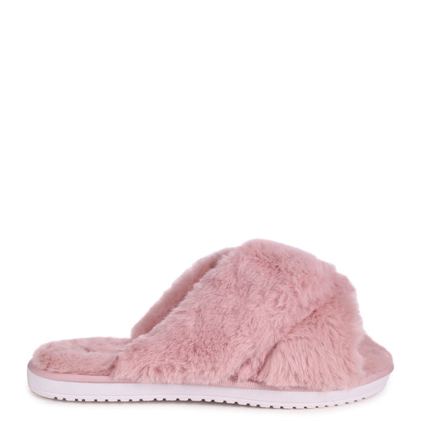 Linzi Dusky Pink Fluffy Crossover Slippers