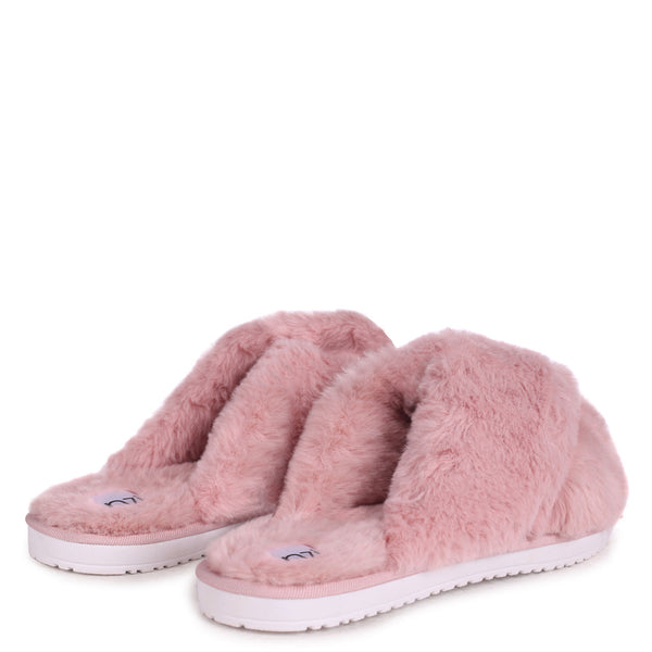 Linzi Dusky Pink Fluffy Crossover Slippers