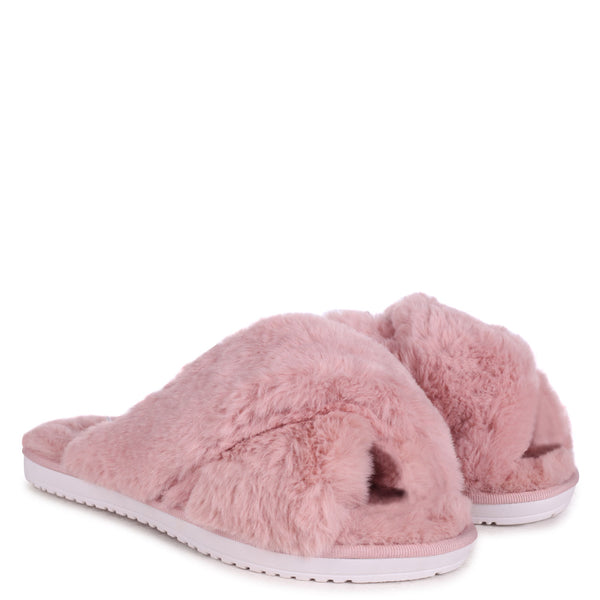 Linzi Dusky Pink Fluffy Crossover Slippers