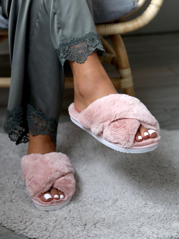 linzi Dusky Pink Fluffy Crossover Slippers