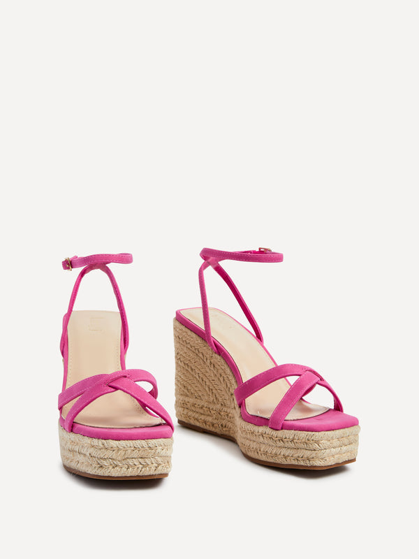 Linzi Fuchsia Faux Nubuck Strappy Rope Wedge