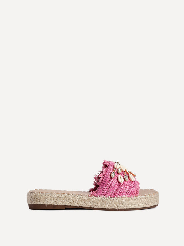 Linzi Fuchsia Raffia Shell Embellished Flat Slider