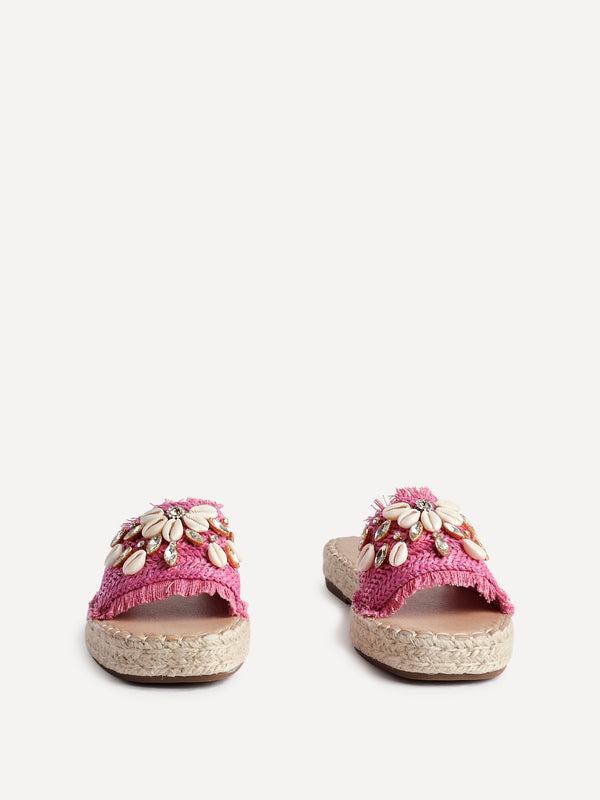 Linzi Fuchsia Raffia Shell Embellished Flat Slider