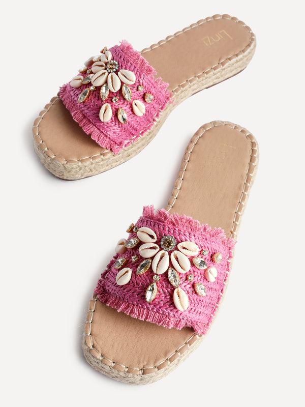 Linzi Fuchsia Raffia Shell Embellished Flat Slider