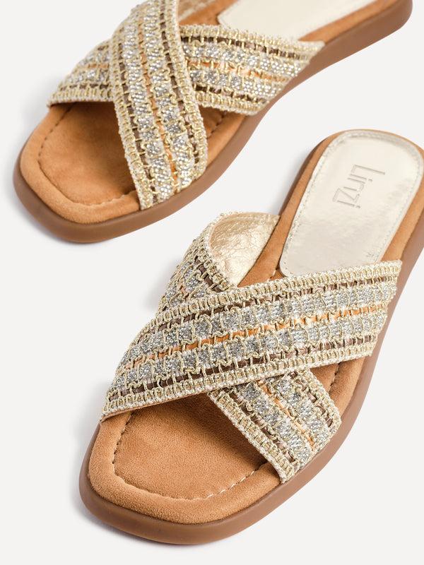 Linzi Gold Embellished Raffia Flat Slider Sandal