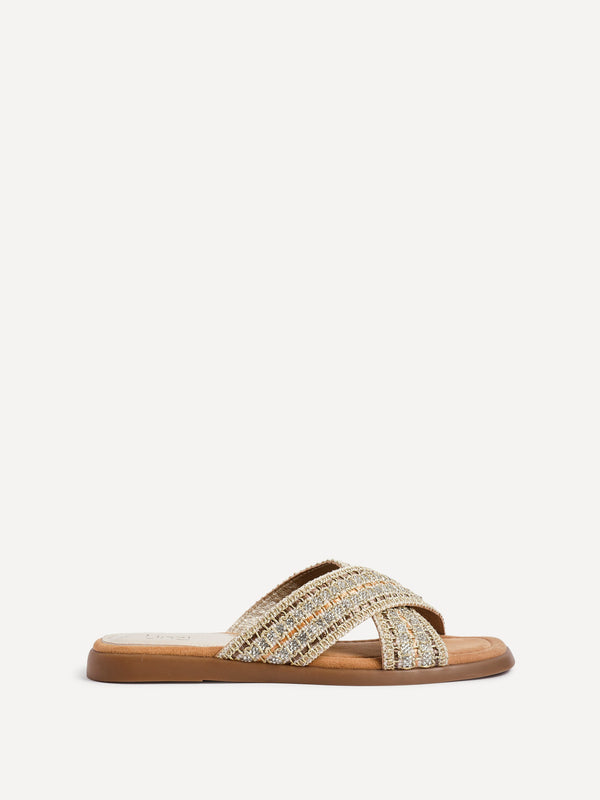 Linzi Gold Embellished Raffia Flat Slider Sandal