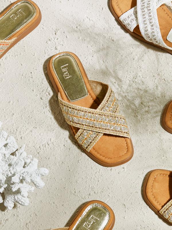 linzi Gold Embellished Raffia Flat Slider Sandal