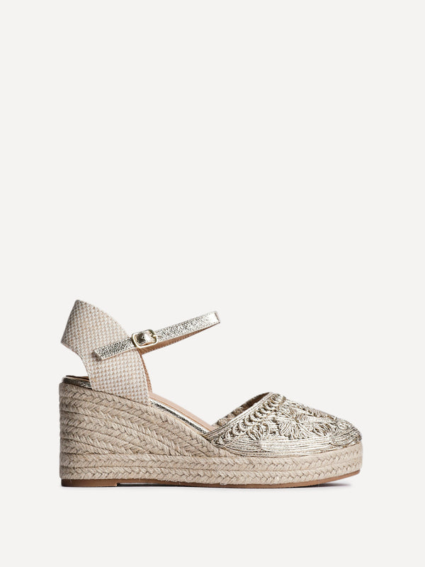 Linzi Gold Embroidered Closed-Toe Espadrille Wedge