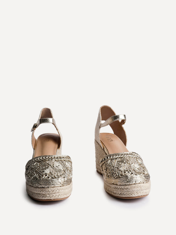 Linzi Gold Embroidered Closed-Toe Espadrille Wedge