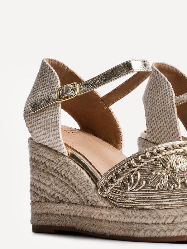Linzi Gold Embroidered Closed-Toe Espadrille Wedge
