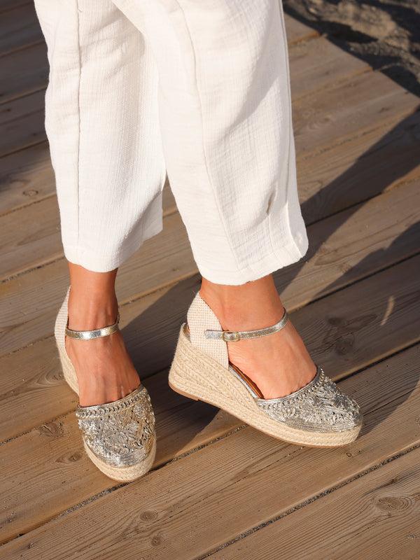 linzi Gold Embroidered Closed-Toe Espadrille Wedge