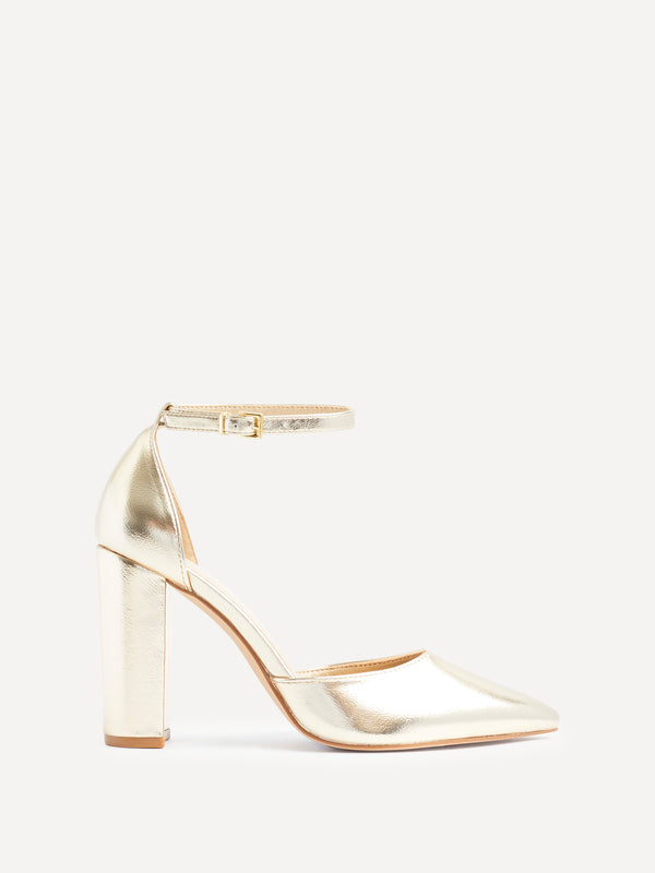 Linzi Gold Faux Leather Block Heeled Court Shoe