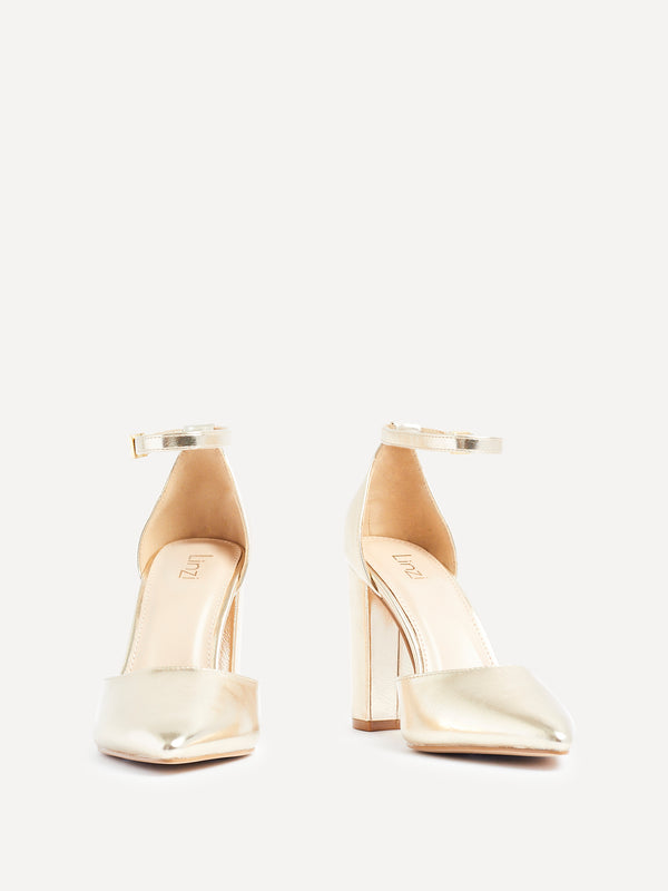 Linzi Gold Faux Leather Block Heeled Court Shoe