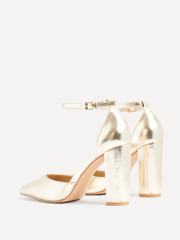 Linzi Gold Faux Leather Block Heeled Court Shoe