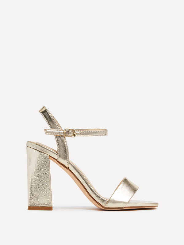 Linzi Gold Faux Leather Block Heeled Sandal