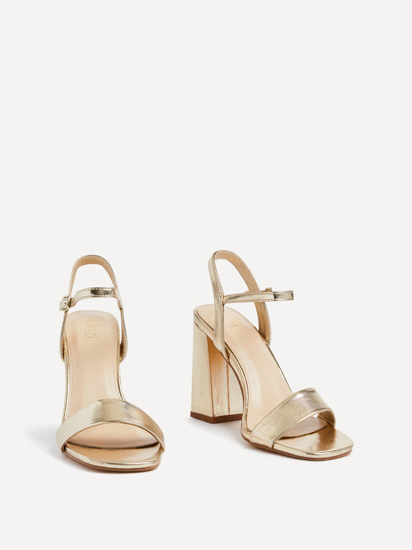 Linzi Gold Faux Leather Block Heeled Sandal