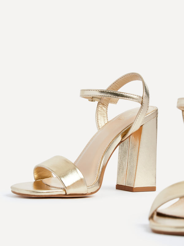 Linzi Gold Faux Leather Block Heeled Sandal