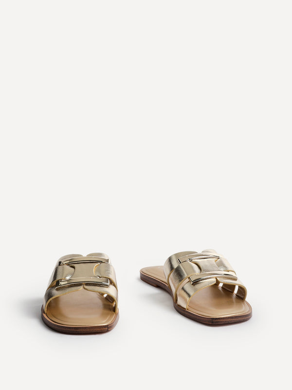 Linzi Gold Faux Leather Buckle Flat Slider Sandal