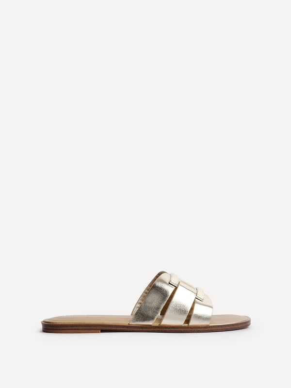 Linzi Gold Faux Leather Buckle Flat Slider Sandal