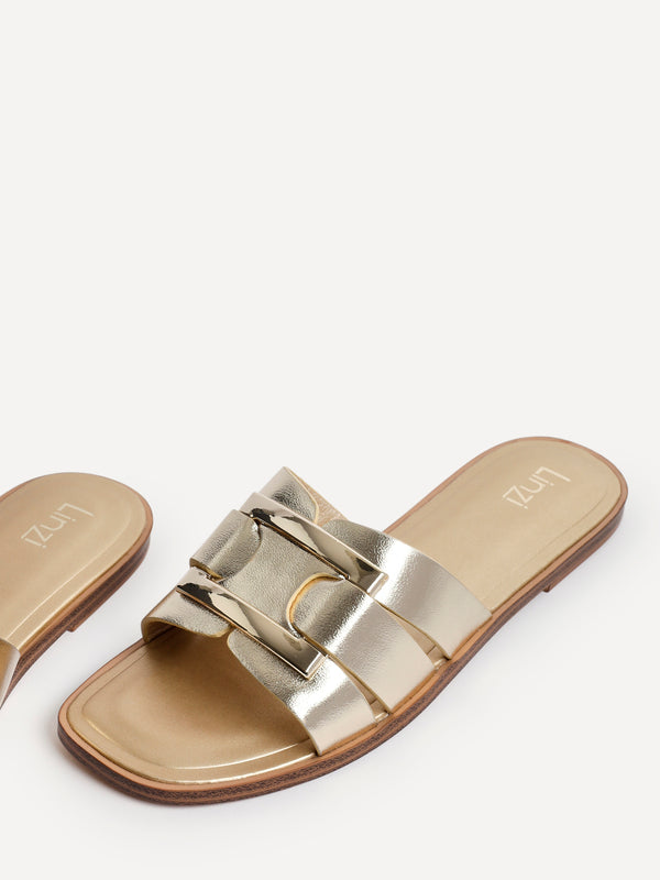 Linzi Gold Faux Leather Buckle Flat Slider Sandal