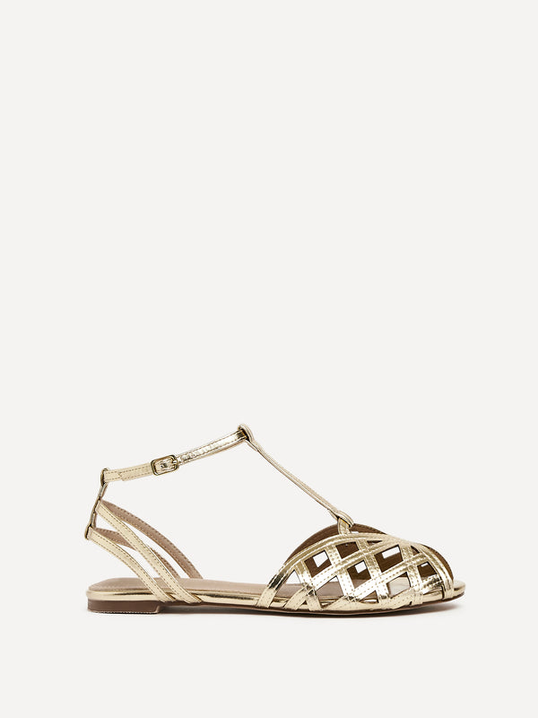 Linzi Gold Faux Leather Caged Flat Sandal