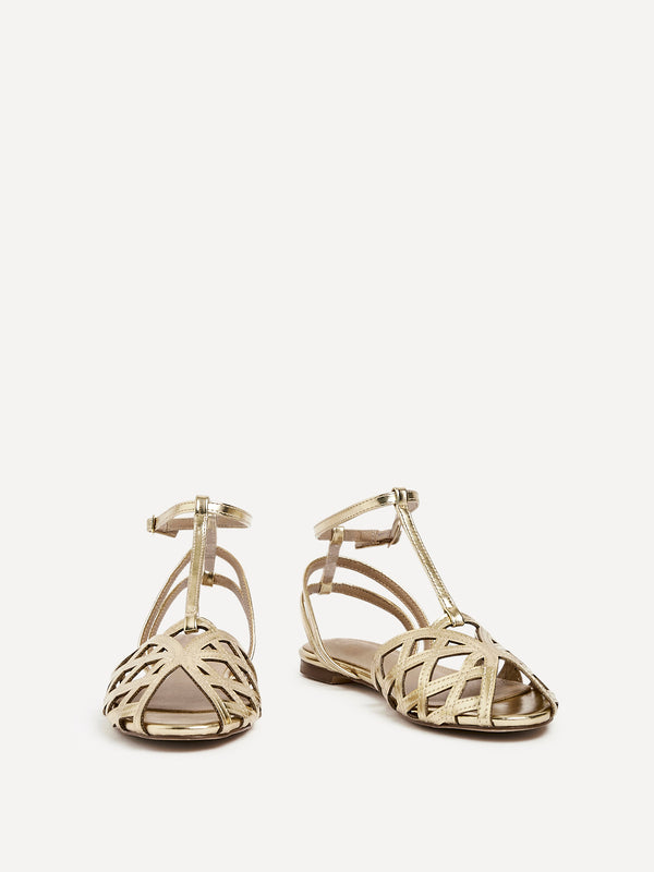 Linzi Gold Faux Leather Caged Flat Sandal